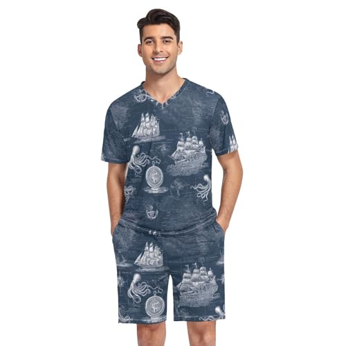 Sailing Boat Men’s Pajama Sets Short Sleeve Lounge Wear with Elastic Waistband and Drawstring