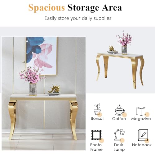 Image of Luxury Coffee Table Set of 2, Rectangular Coffee Table with Sofa Console Table, Modern 2 Piece Living Room Table Set with Faux Marble Top & Gold Stainless Steel S Legs for Apartment Home Office