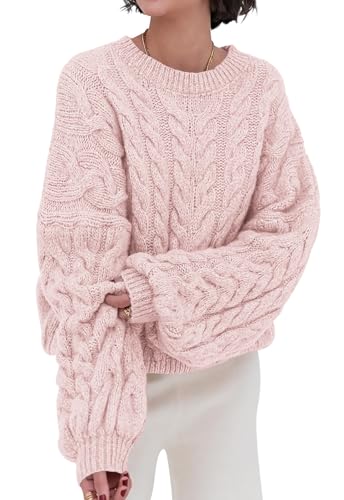 Image of PRETTYGARDEN Womens Sweaters Spring 2026 Cable Knit Long Sleeve Crewneck Oversized Sweater Chunky Pullover Loose Outfits