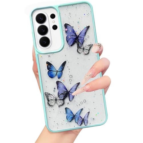 Image of VONZEE for Samsung Galaxy S26 Ultra Clear Glitter Butterfly Case, Cute Bling Sparkle Shiny Soft Silicone TPU Bumper Shockproof Women Girls Slim Protective Phone Cover, Mint