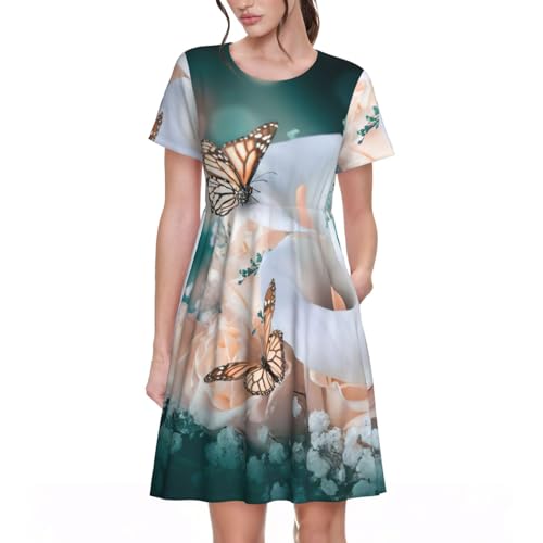 Robe d'été décontractée pour femme imprimée fleurs papillons et col rond