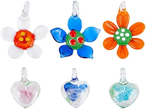SUNNYCLUE 1 Box 6Pcs Glass Pendant Lampwork Glass Pendants Handmade Murano Glass Heart Flower Charm Large Flowers Beads Love Charm for Jewelry Making Charms Women Adults DIY Craft Necklace Supplies
