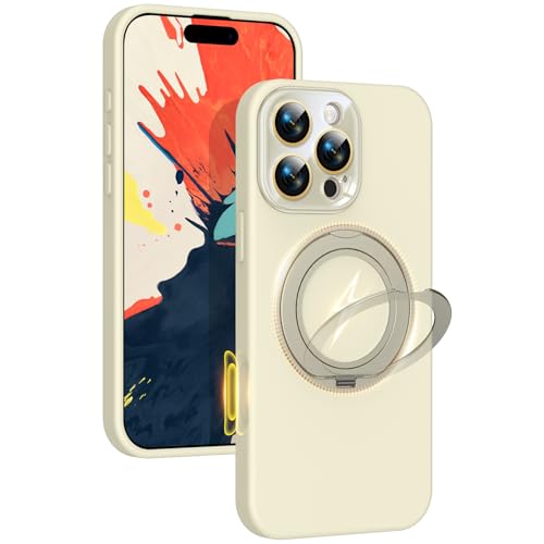Image of Silicone 360 Spin Magnetic Stand Case for iPhone 16 Pro Max, [Compatible with Mag-Safe][Reinforced Hard Camera Protection] Liquid Silicone Rubber Phone Cover with Ring, Camera Button, Ivory