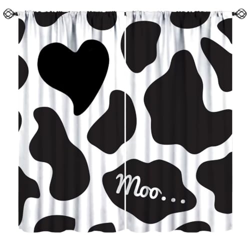 JanJCurt Cowhide Curtains, Black White Milk Cow Spots Funny Farm Animal Fur Skin Print Window Drapes for Farmhouse Kitchen Kids Boys Girls Bedroom Living Room, 52