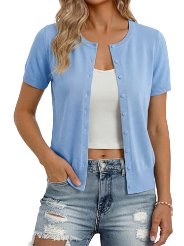 Image of GRACE KARIN Women Short Sleeve Cardigan, 2026 Summer Knitted Sweater Tops, Basic Crew Neck Crop Outfits