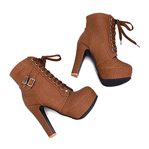 Susanny Women Autumn Round Toe Lace Up Ankle Buckle Chunky High Heel Platform Knight Brown Martin Boots 8.5 B (M) US (CN Size_41) - Thumbnail 2