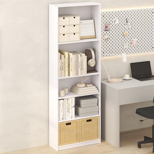 Image of Furinno Jaya Simply Book Shelf, 5-Tier Bookshelf, Bookcase with Adjustable Shelves, 9.5 x 24.5 x 71.2, for Living Room, Bedroom, Home Office, Plain White