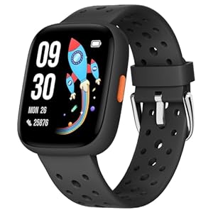 BIGGERFIVE Smartwatch Kinder, 1, " Fitness Uhr Schrittzähler, 24/7 Puls, Schlafmonitor, Vibrationsalarm, IP68 Wasserdicht, Puzzlespiele mit/ohne App, für Mädchen Jungen Teens 5–16, Schwarz