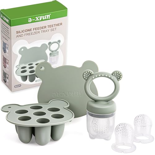 JEXFUN Silicone Baby Fruit Food Feeder Pacifier & Breastmilk Popsicle Freezer Molds, Baby Food Storage Containers Breast Milk Ice Cubes for Baby Teething & Infant Self Feeding, BPA Free – (Sage)
