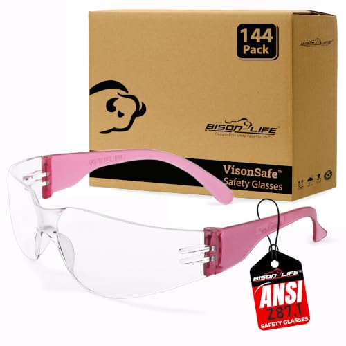 Image of BISON LIFE Clear /Pink Safety Glasses for Men & Women, ANSI Z87.1, 144 Pack