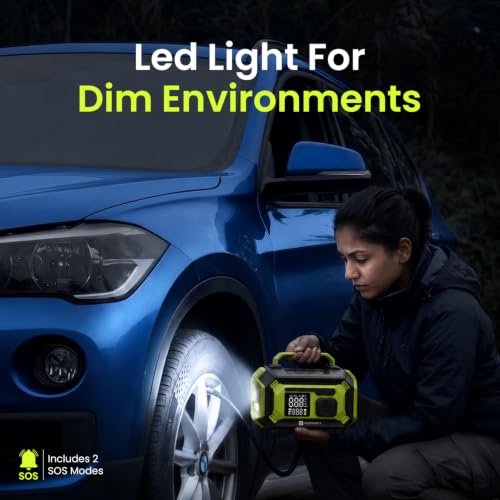 Image of Portronics Vayu Air Pro 5-in-1 Portable Tyre Inflator, Corded & Cordless, Inflate & Deflate, 5W USB Output, 150 PSI, 6000mAh Battery, Auto Shut-Off, LED Display, for Car, Bike & Inflatables (Green)