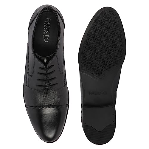 Image of FAUSTO Men's Formal Office Textured Cap Toe Genuine Leather Lace Up Shoes