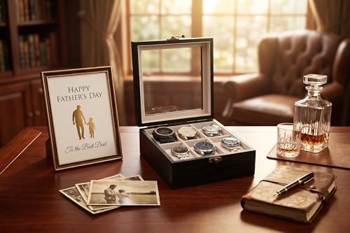 Image of Watch Box, Watch Case for Men Women with Large Glass Lid, Wooden Watch Display Storage Box with 6 - Slots, Charcoal Black 6x2 Mens Watch Box Organizer