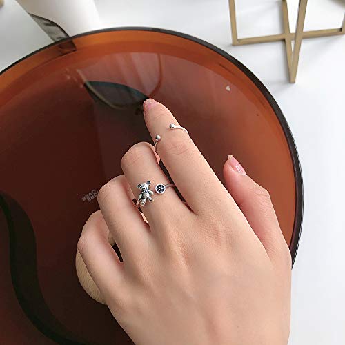 Lovely Bear Sterling Silver 925 Open Stacking Rings for Women Vintage Antique Black CZ Crystal Eternity Engagement Statement Ring Finger Band Cute Jewelry Adjustable3
