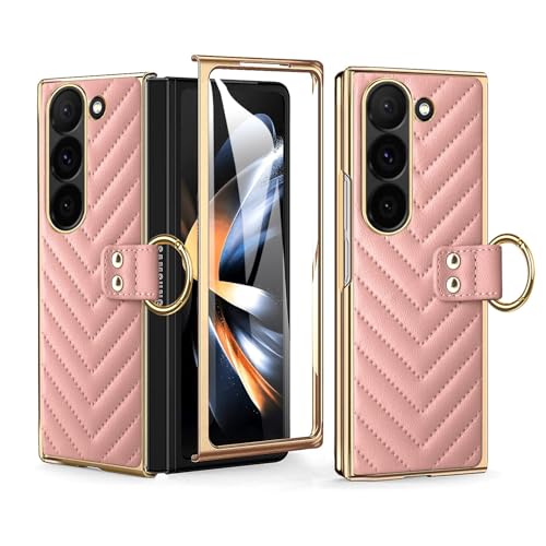 Étui en cuir Samsung Z Fold 6 rose avec protection écran avant et anneau chic
