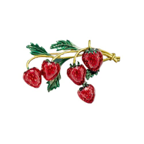 Image of Fashion Fruit Brooch Pin for Women Girls Gold Tone Cute Enamel Red Strawberry Green Leaf Branch Brooches Lapel Creative Dress Accessories Jewelry Dainty Retro Gift