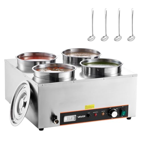 Image of VEVOR Electric Soup Warmer, Four 6.34QT Stainless Steel Round Pot with 86~185F Adjustable Temp, 1500W Commercial Bain Marie with Anti-Dry Burn and Reset Button, Soup Station for Restaurant, Buffet