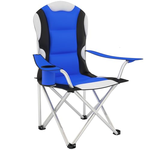 tectake® Silla de Camping Plegable, Cómodo Acolchado, Impermeable, para Jardín y Playa, Bolsa de Transporte, Soporte para Bebida, Silla Plegable Exterior, Sillas de Playa, Sillas Camping   Azul