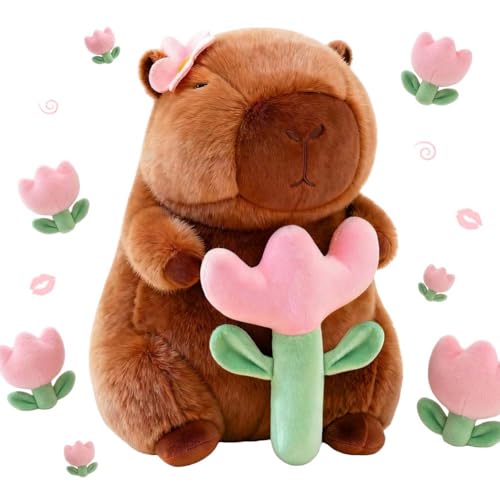 SORAYUXI Capybara Plüschtier Kuscheltier 30cm, Capybara Kissen Stofftier Plüschtier mit Blumen, Capy bara Niedliche Wasserschwein Plüsch für Kinder Jungen Mädchen Geschenk Geburtstag