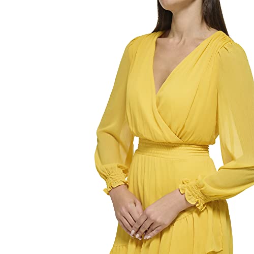 Image of DKNY Women's Long Sleeve Tiered Ruffle Smocked Waist Mini Dress