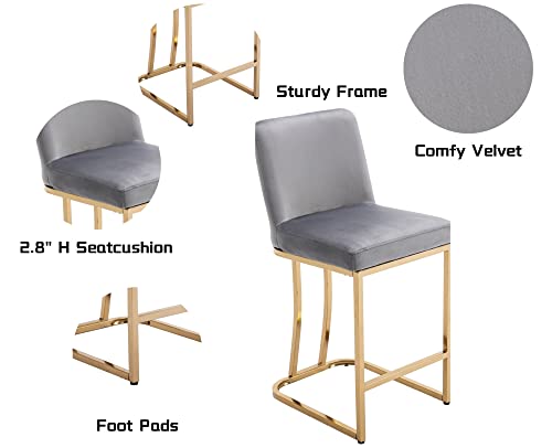 Vescasa Velvet 24" H Counter Height Barstools With Back, Mid Century Modern Upholstered Counter Stool Chairs With Gold Metal Frame For Kitchen Island, Bar, Pub, Set Of 2, Grey #TOP3