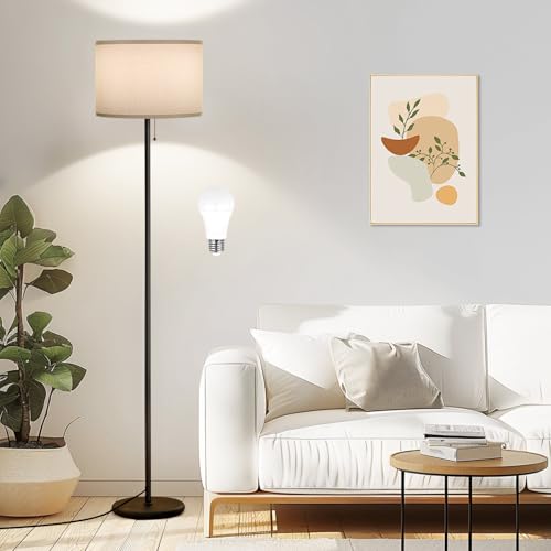 Image of Ambimall Floor Lamps for Living Room with 3 Color Temperatures Bulb & Pull Chain Switch, 60 inch Modern Standing Floor Lamp for Bedroom Kids Room Study Room（Grey Shade & Black Pole）