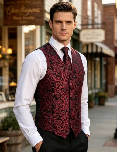 Image of DiBanGu Mens Vest and Tie Set Formal Paisley Waistcoat and Necktie Pocket Square Cufflinks Silk Suit Vest for Tuxedo Wedding