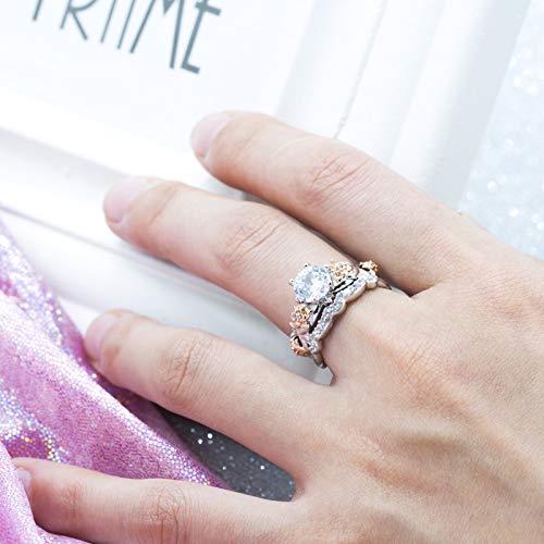 Silver Plated Two-in-One Halo Wedding Engagement Proposal Eternity Square Ring Set Round Cut Created White Topaz CZ Cubic Zirconia Pave Filled Women's Band for Bridal Mom Lover2