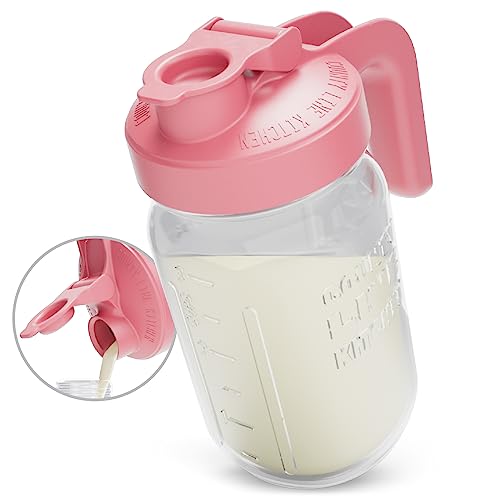 County Line Kitchen Glass Breast Milk Pitcher with Lid - Wide Mouth, 1 Quart (32 oz) - Heavy Duty, Leak Proof - Sun & Iced Tea Pitcher, Cold Brew Coffee, Breast Milk Storage, Water - Pink