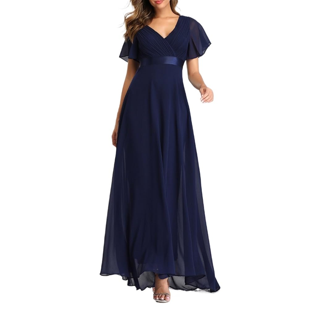 Elegantes Damen Festkleid Chiffon Ballkleid Lang Cocktailkleid V-Ausschnitt Glockenärmel Geschwungenes Saum Elastisch für Bankett Abend