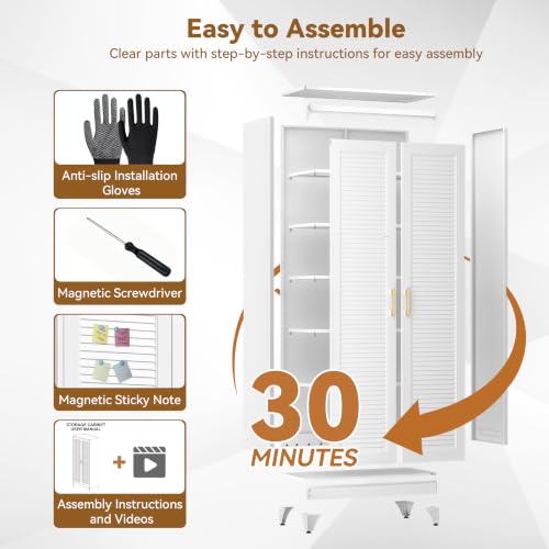 Image of Polup 75 inch Kitchen Pantry Cabinet, White Metal Storage Cabinet with Doors and 5 Adjustable Shelves, Tall Metal Pantry Cabinets, Large Cupboard for Kitchen, Dining Living Room, Bathroom, Office