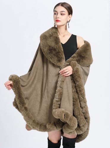 Image of Women Poncho Cape Faux Fur Collar Knitted Cardigan Sweater Batwing Long Sleeve Shawl Wrap Coat Oversized Cloak