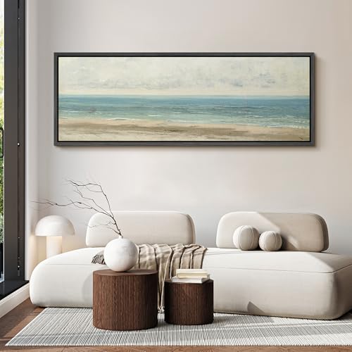 Image of MUDECOR Large Framed Canvas Print Wall Art Classic Coastal Shore Neutral Toned Seascape Antique Retro Ready to Hang Painting for Living Room Bedroom Multi-Sizes - 60 inchx20 inch
