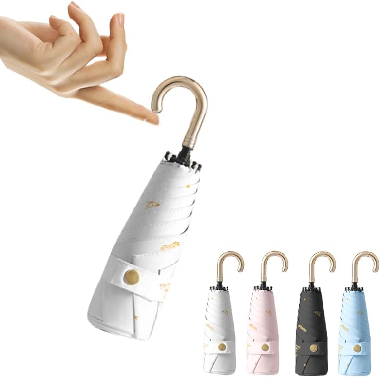 Mini Travel Folding Umbrella With Hook-Shaped Handle-Small Parasol With Golden Butterflies&Stars Pattern,UPF 50+,Sun Rain,Compact Lightweight Portable for Women Girls,Fits Backpack Purse Car
