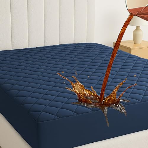 Image of Waterproof Cotton Quilted Mattress Protector King Size (72x78 Inch | 6x6.5 Ft) | Breathable, Noiseless Ultra Soft Elastic Fitted Bed Protector | Washable Bed Cover | Dark Blue