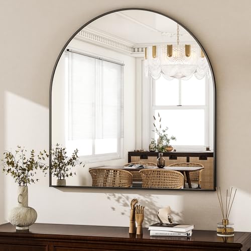 Image of HARRITPURE 26 inchx28 inch Arched Bathroom Mirror, Wall Mounted Mirror, Black Arch Mirror, Aluminum Alloy Frame Wall Mirror for Living Room, Bedroom and Entryway