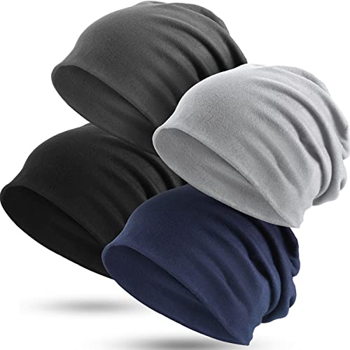 Satinior 4 Pieces Slouchy Beanie Hat Sleeping Cap Baggy Skull Knit Sleeping Hat Headwear Head Wrap Cap For Men Women (Blue, Deep Gray, Black, Light Gray) #TOP4