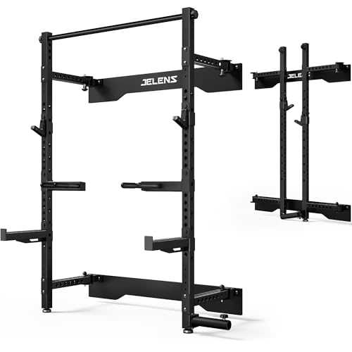 JELENS Folding Squat Rack, Wall Mounted Power Rack for Home Gym, Space Saving Multi-Functional Power Cage with Attachments (Black, SF01 Squat Rack)