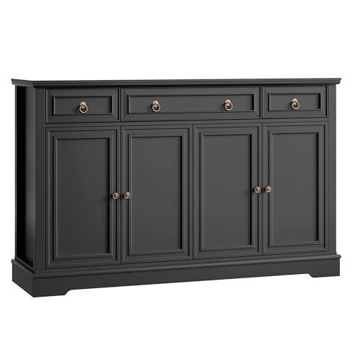 FINETONES Buffet Cabinet with Storage, 52.7" Large Sideboard Buffet Table, Black Kitchen Cabinet with 3 Drawers and 4 Doors, Wood Coffee Bar for Kitchen Dining Room, Black