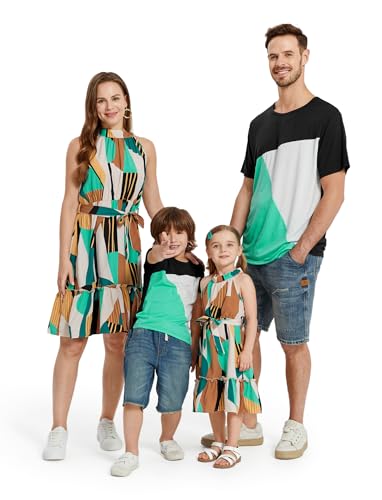 Image of PATPAT Family Matching Outfits Mommy and Me Halter Belted Sun Dresses Multicolor