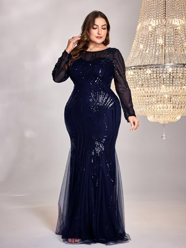 Image of Plus Size Long Sleeve Sequin Evening Dress Glitter Mermaid Long Gown for Mother of The Bride Or Wedding Guest