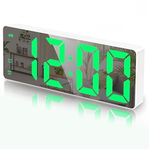 Image of Small Digital Alarm Clock, Mirror Surface LED Electronic Clocks with Large Display, Adjustable Brightness and Snooze Model for Bedroom, Desk, Office, Whitecase Green Digit