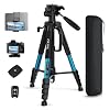 75 Heavy Duty Camera Tripod Stand with Bluetooth Remote - Max Load 15LB, Aluminum Travel Tripod for DSLR/Phone/Tablet/Projector, 3-Way Pan Head & Quick Release Plate, Compact Foldable Design (Blue)