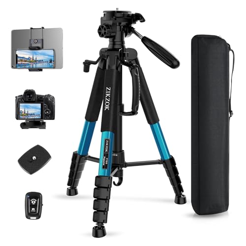 75" Heavy Duty Camera Tripod Stand with Bluetooth Remote - Max Load 15LB, Aluminum Travel Tripod for DSLR/Phone/Tablet/Projector, 3-Way Pan Head & Quick Release Plate, Compact Foldable Design (Blue)