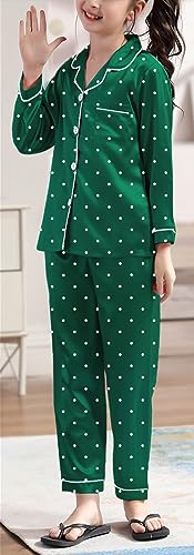 Schbbbta Silk Satin Pajamas for Girls Womens Loungewear Two-Piece Sleepwear Button-Down Pj Set, T - Green Polka Dots, 5-6 Years = Tag 1302
