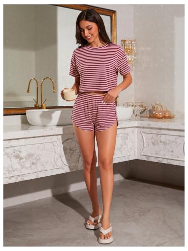 Image of OYOANGLE Womens Pajama Sets 2 Piece Sexy Lounge Sets Summer Cute Pjs Striped Print Tee and Side Split Shorts Set