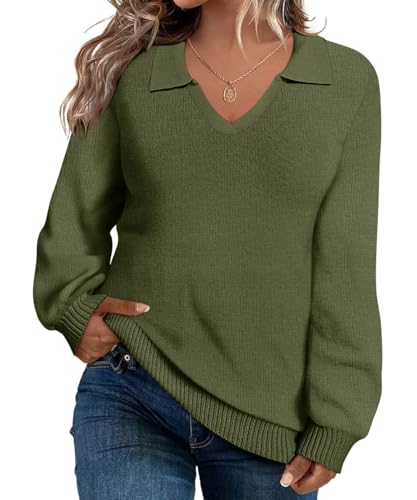 Image of CARCOS Plus Size Sweaters for Women Long Sleeve Pullover Sweaters Lapel Collared Vneck Knit Jumper Tops Fall Winter XL-5XL