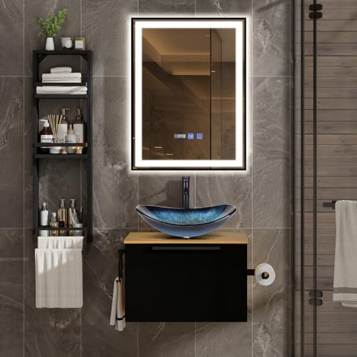 ZealWe Badmöbel Set 3 TLG Waschbecken mit Unterschrank 60 cm, Waschbeckenunterschrank mit Wandregal Waschtish 54 cm, Badezimmerschrank mit Handtuchhalter für kleine Gäste WC Waschplatz, Blau