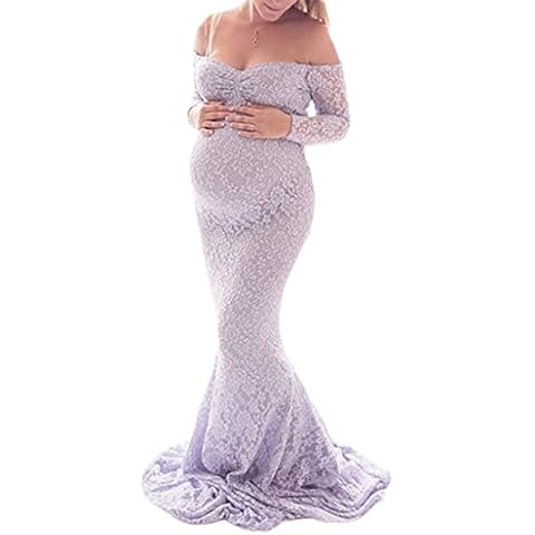 MNLYBABY Maternity Sexy Off Shoulder Photography Dress Lace Floral Gown for Photoshoot - Purple Cover