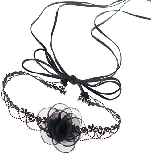 RODEWILL 2Pcs Black Lace Choker Necklace for Women Camellia Flower Lace-up Necklace for Women girls Vintage Gothic Velvet Lace Choker Necklace Strap Choker Collarbone Chain (Black 2 bows)